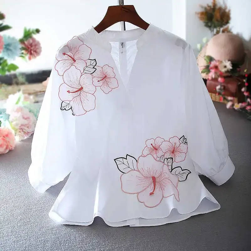 

Blouse Women Spring Lady V-neck Loose Embroidered Flower Shirt Top Blusas Mujer De Moda