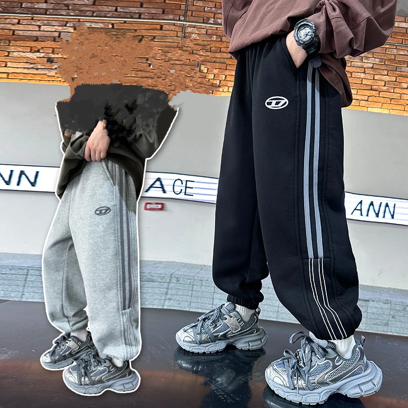Korean Kids Casual Straight Sweatpants for Boys Cotton Knitted Sports Pants with Side Stripes Children Sporty Trousers Age 5-14Y