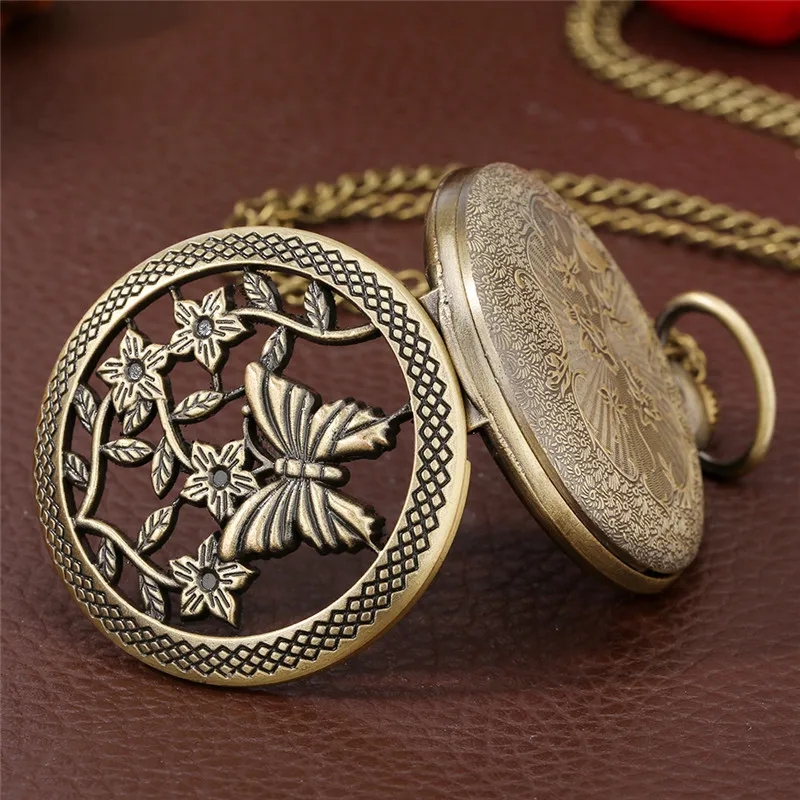 Bronzo Half Hunter Butterfly Flower Case Unisex analogico al quarzo orologio da tasca con catena orologio da collezione Reloj De Bolsillo