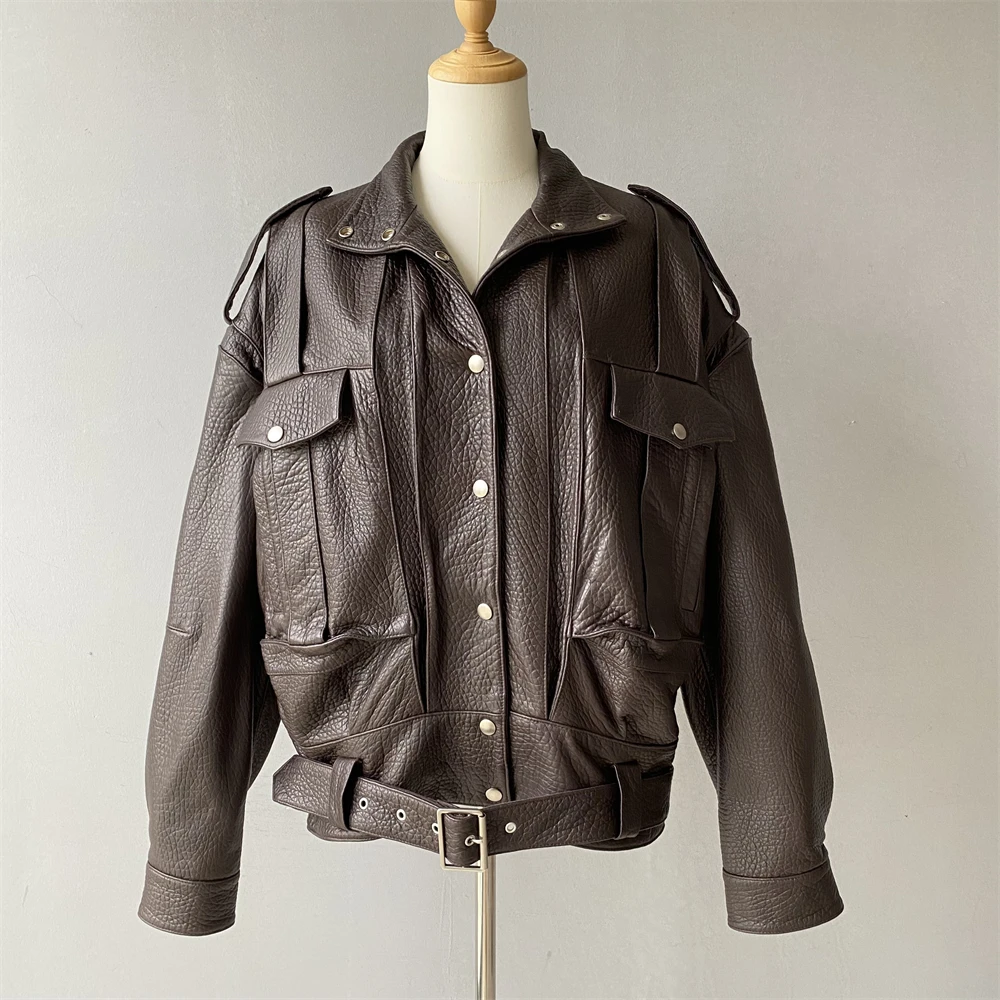 Jxwatcher Schaffell-Lederjacke für Damen, 2025, Herbst, neue Ankunft, Blasen-Ledermantel, Damen, lockeres Revers, volle Ärmel, Jacken