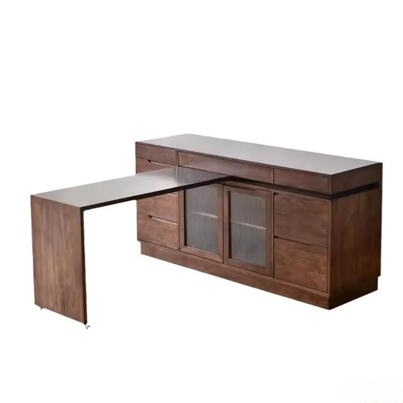 Nordic solid wood sideboard, dining table, integrated small apartment telescopic folding, rotatable black walnut
