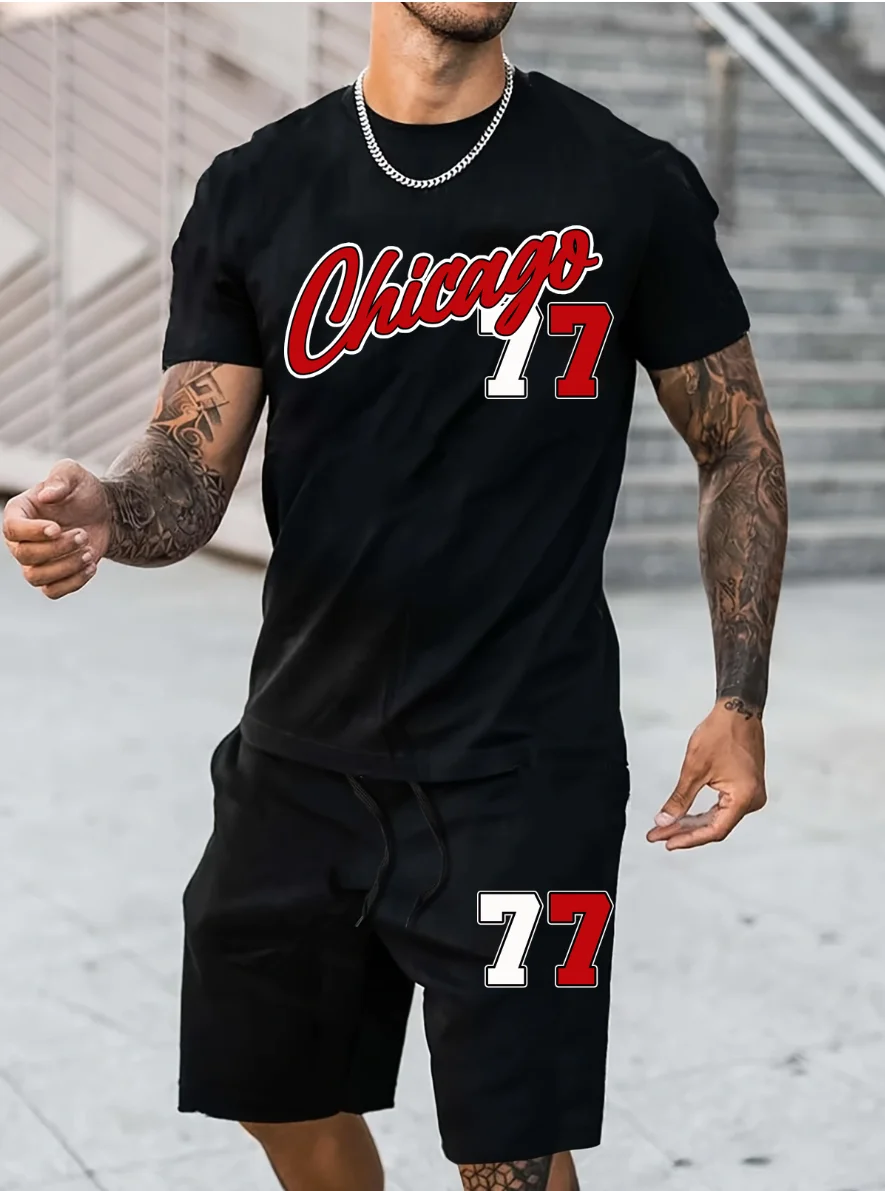 

Men's Summer Trendy, Casual and Fashionable Short-Sleeve T-Shirt and Shorts Set with Letter and Number 77 Prints