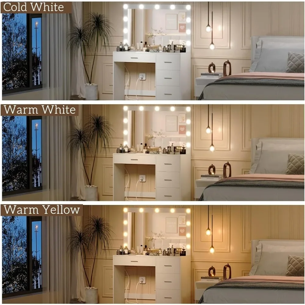 Makeup Vanity Table, Makeup Table with Large Mirror and 11 LED Lights, Brightness Adjustable, Dressing Table Desk with 4 Drawers