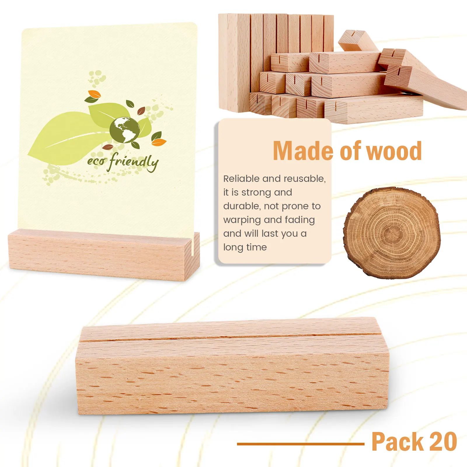 20Pcs Place Card Holder Beech Wood Table Card Display Stands Natural Wood Sign Holders Reusable Table Number Holders for Cafes R