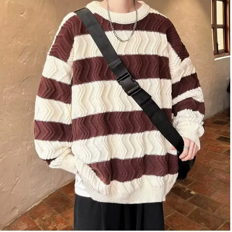 

Свободный крой, мужской круглый трикотаж, осенне-зимний теплый удобный полосатый цветной свитер, базовый слой, повседневная верхняя одежда