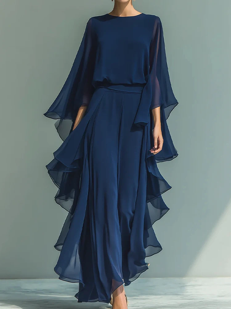 

Spring Summer Women O-Neck Pullover Top And Wide Leg Pants Set Solid Color Two-Piece Outfit Ruffles Patchwork Fashion Streetwear