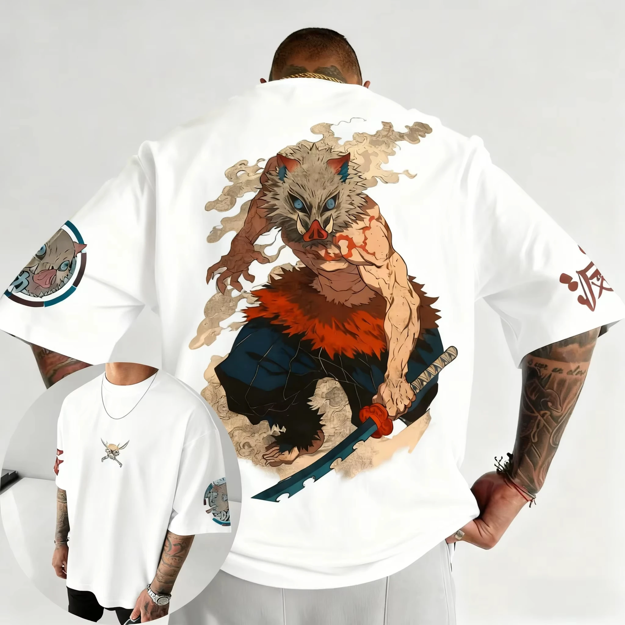2026 New Demon Slayer Anime Inosuke Printed Short Sleeve T-shirt Men's and Women's T-shirt Men's Top Sports T-shirt Harajuku Tee