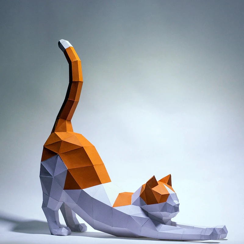 3D Paper Model Handmade 62cm Stretched Cat DIY Papercraft Home Decor Desk Decoration Puzzles Educational DIY Kids Toys Gift