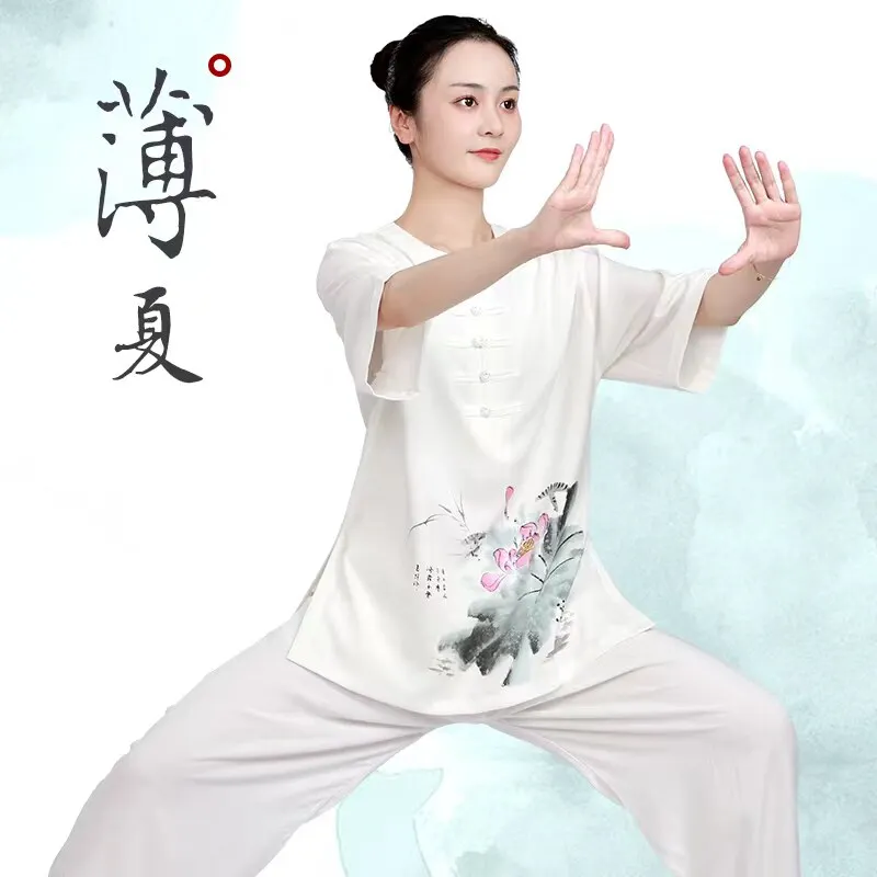 Martial Arts Tai Ji Suit Women's  Western Style Linen Cotton and Exercise Clothing Summer Short Sleeve Eight-Section Brocade
