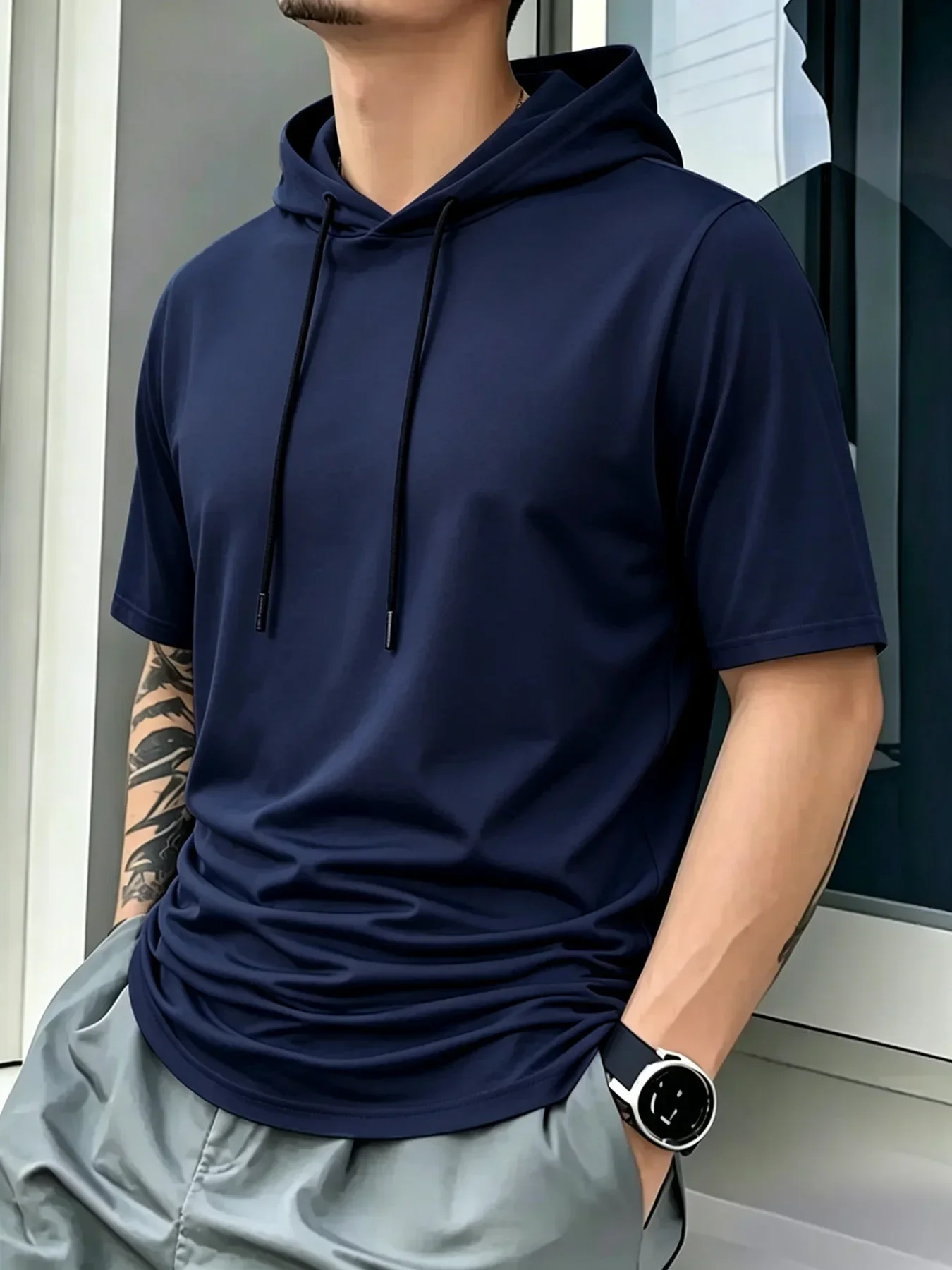 Herren-T-Shirt mit kurzen Ärmeln und Kapuze, atmungsaktiv, schnell trocknend, Anti-Pilling-Kapuze mit Kordelzug, lässiger Slim-Fit-Streetwear-Sportpullover – Detail 10