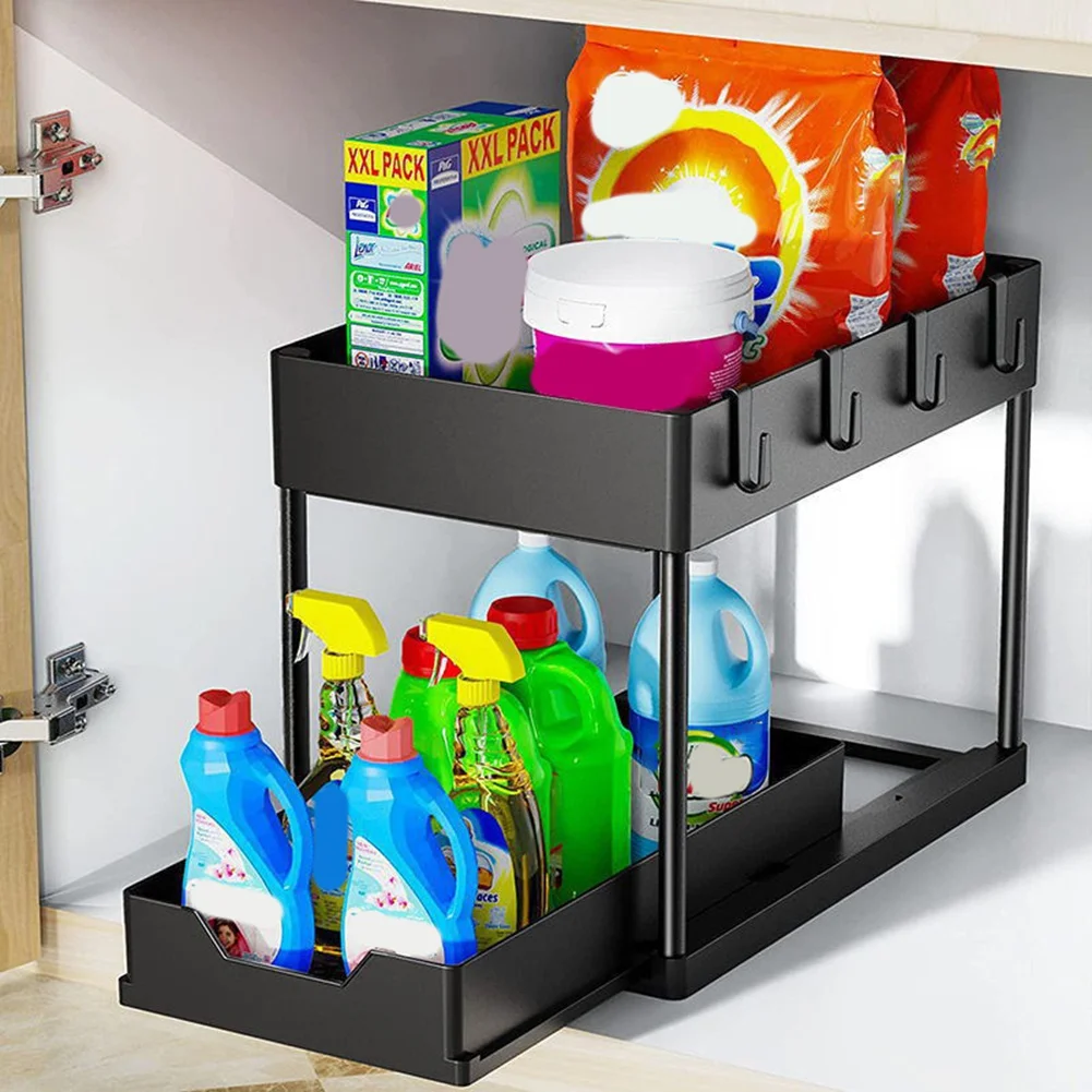 

A04G-2 Tier Under Sinks Organizer Sliding Cabinet Basket Organizer Storage Rack With Hooks Hanging Cup Kitchen Organizer