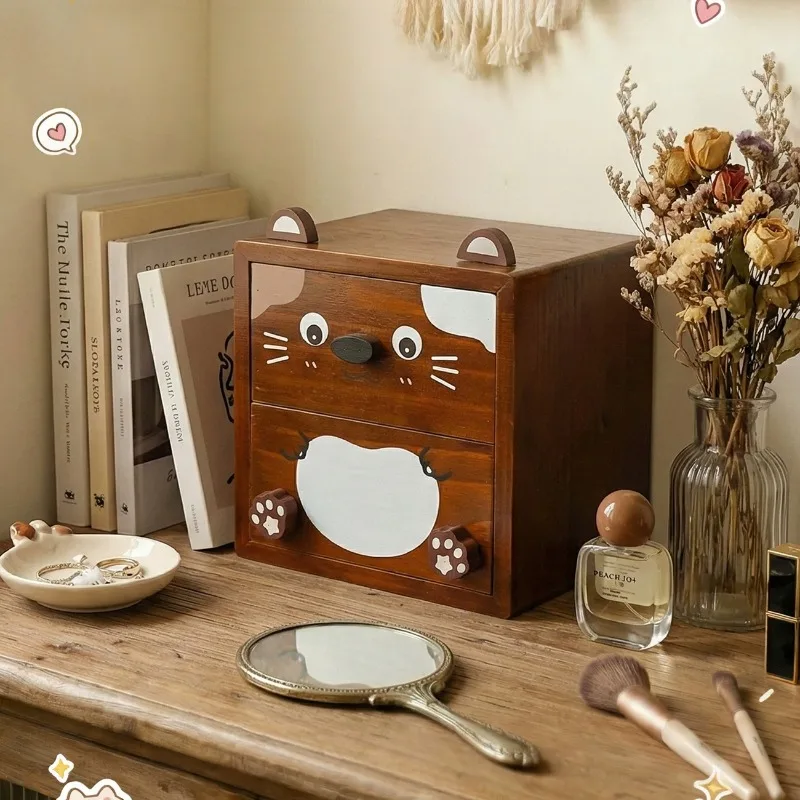 Cartoon Cat Wooden Desktop Storage Box Drawer Organizer Cute Creative Cosmetic Storage Case for Tabletop Decor