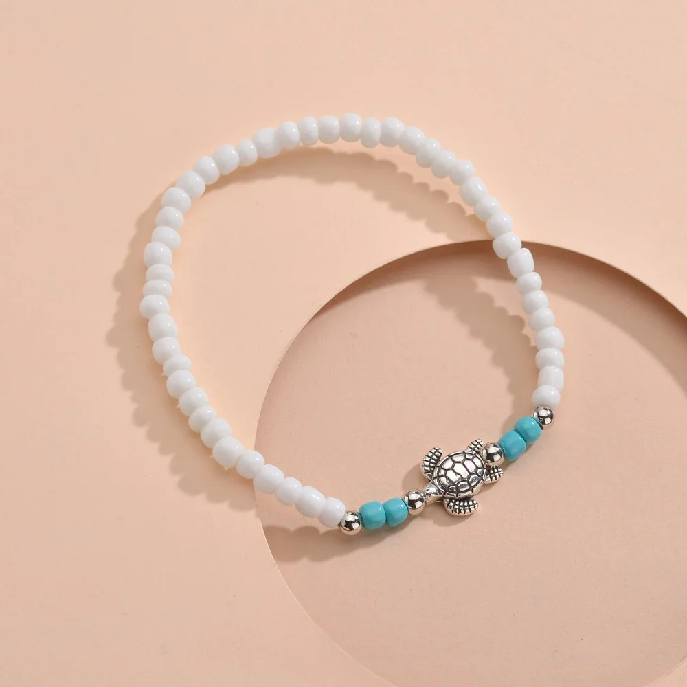 Bohe Sea Turtle Rainbow Beaded Anklets For Women Elastic Rope Chains Adjustable Ankle Bracelet Beach Jewelry Summer Accessories