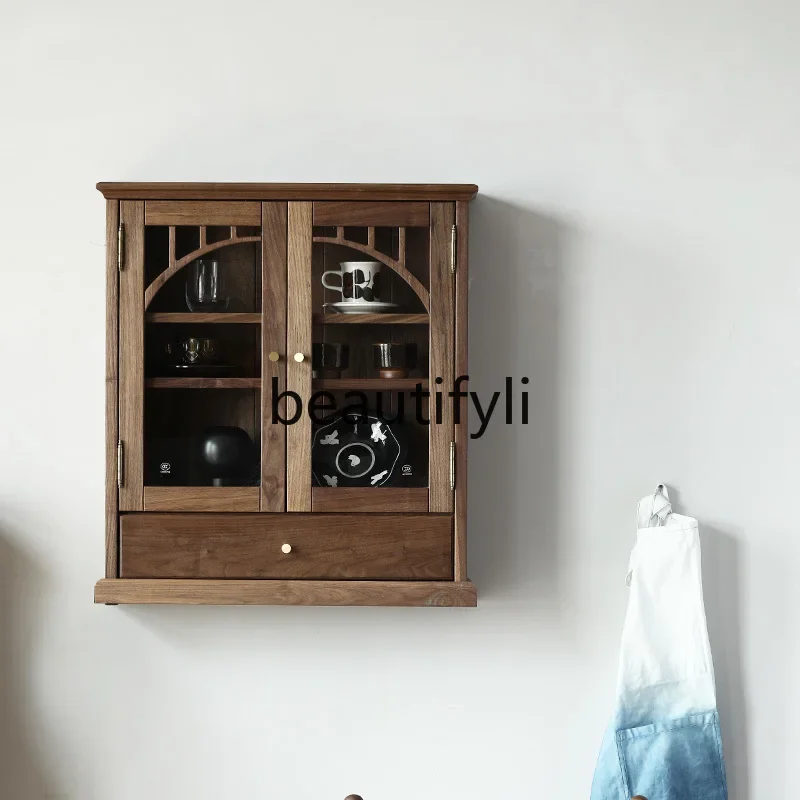 

zqqqqAll solid wood retro decorative cabinet, black walnut glass wall cabinet, wall-mounted dish display cabinet