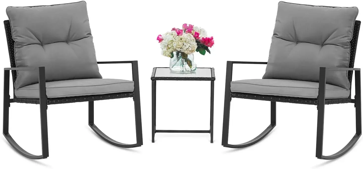 

3 Piece Outdoor Rocking Bistro Set Black Wicker Furniture Porch Chairs Conversation Sets with Glass Coffee Table, Dark Grey