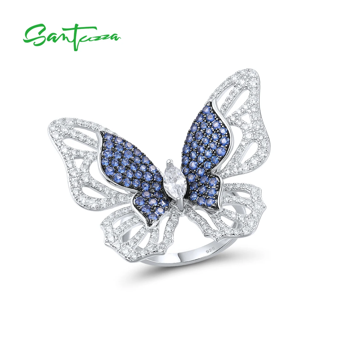 

SANTUZZA 925 Sterling Silver Rings For Women Sparkling Blue Nano/White Cubic Zirconia Butterfly Ring Gorgeous Fine Jewelry