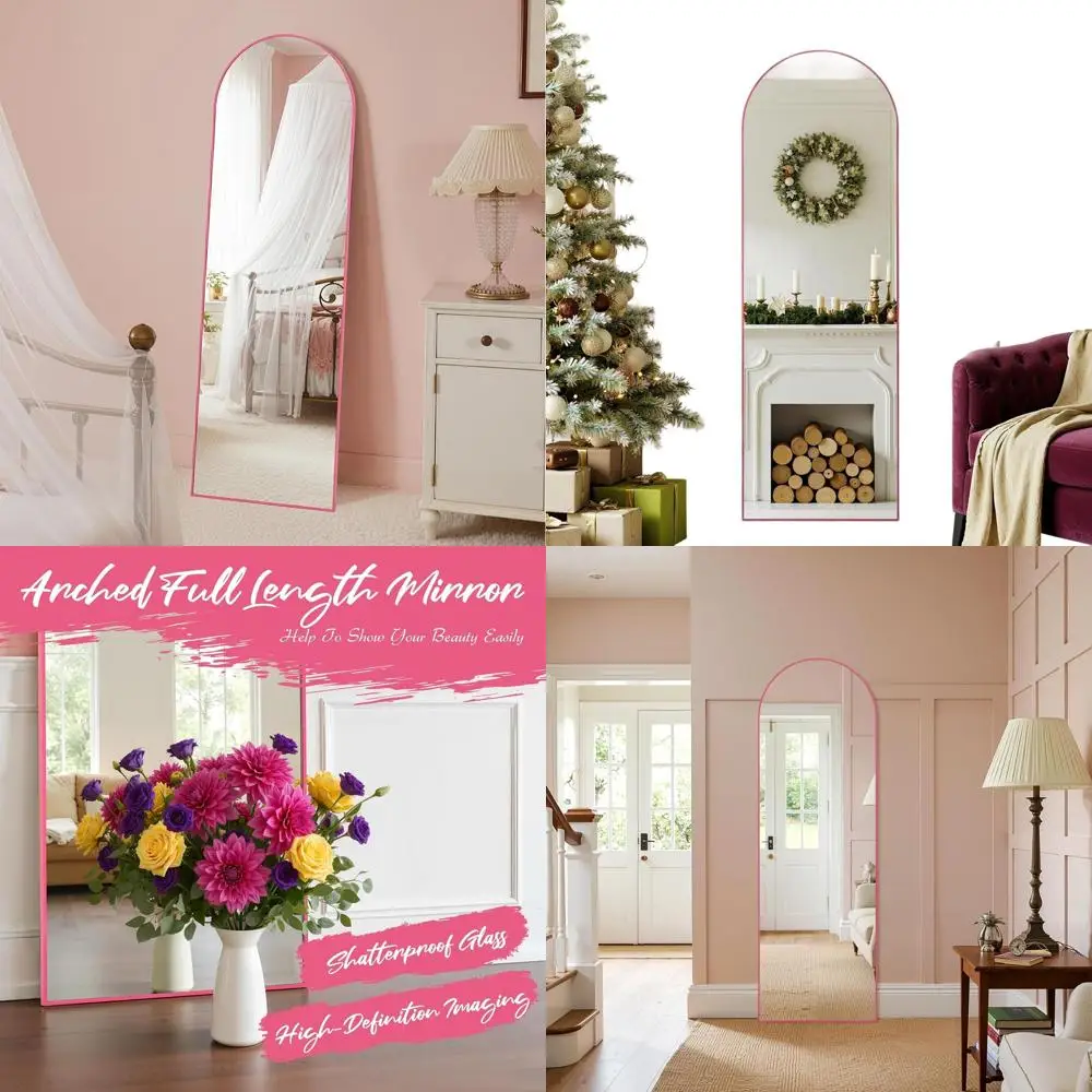 

19x57 Arched Full Length Mirror with Stand, Ideal for Bedroom or Living Room, Pink, Shatterproof Nano Glass