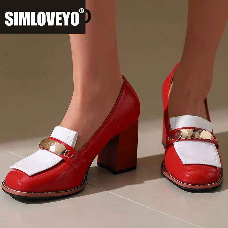 

SIMLOVEYO Дизайнерские женские туфли-лодочки с квадратным носком и блочным каблуком 8 см без шнуровки, разноцветные металлические украшения, большие размеры 46 47 48 Модная обувь
