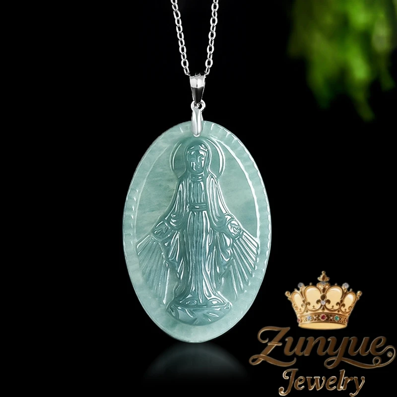 

High-Grade Simple Natural A-Grade Jade Blue Water Virgin Mary Pendant S925 Silver Inlaid Couple Men's And Women's Pendant