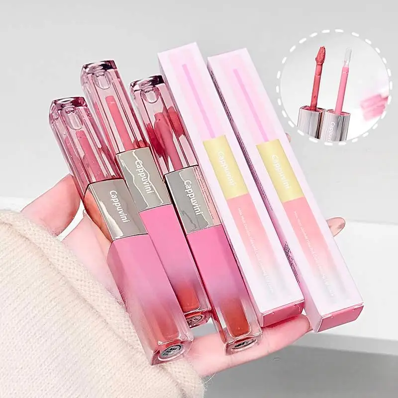 Brillo de labios femenino rosa de doble punta, suave y sedoso, mate, esmalte de labios, espejo, aceite de labios, lápiz labial en capas, maquillaje de larga duración