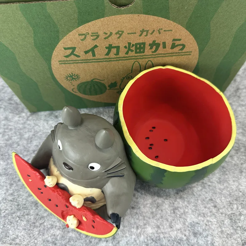 Mini Cute Totoro Watermelon Shaped Anime Figure Desktop Storage Collectible Doll Home Window Sill Decor Plant Pot Model Toy Gift