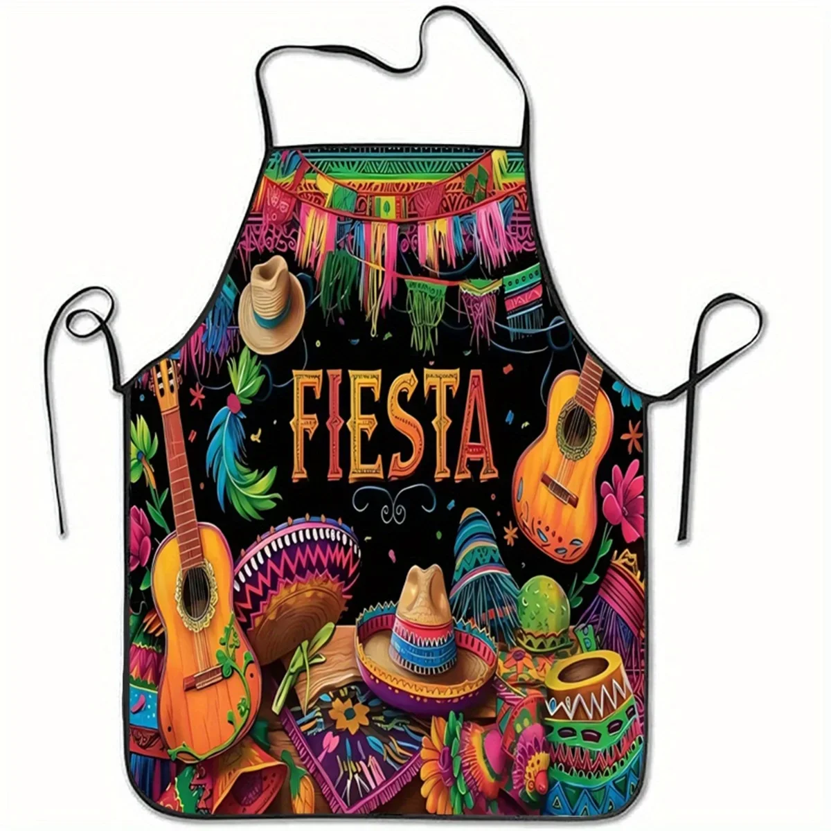 Fiesta Celebration Scene Polyester Apron Colorful Mexican-Themed Design with Guitar, Sombrero, and Mariachi Print, Durable