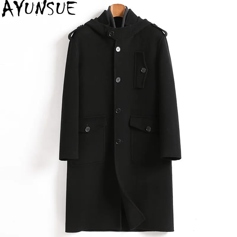 AYUNSUE High Quality Double-sided 100% Wool Coats for Men Winter Fashion Hooded Man Long Coat Casual Woolen Jacket Streetwear