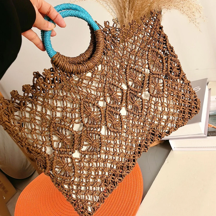 Summer New brown thread woven purse handbag hollow out design straw clutch bag for women beach vacation round handle totes bolsa