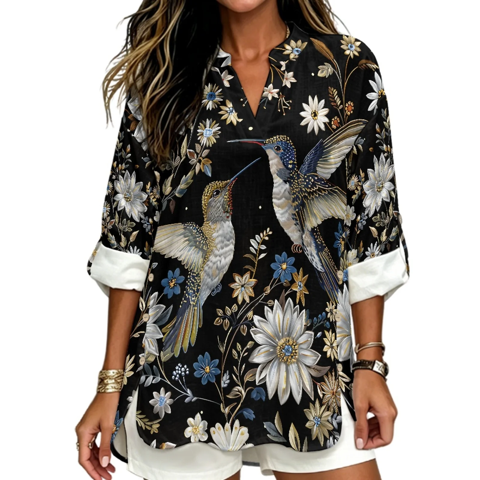 PENSTROLL Floral Hummingbird Print Linen Like Long Sleeve Tops for Beach Walks Breathable Women's Shirts V Neck Blouses