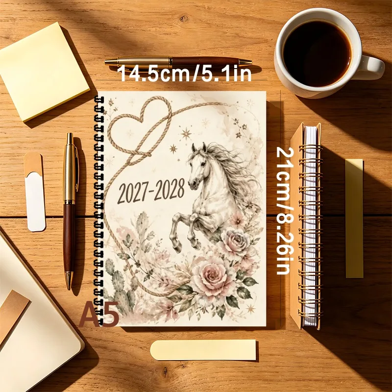 A5 Spiral Bound Planner 2027-2028, Watercolor Western White Horse Rose  Pattern,Monthly Weekly Task Lists Schedules Organizer