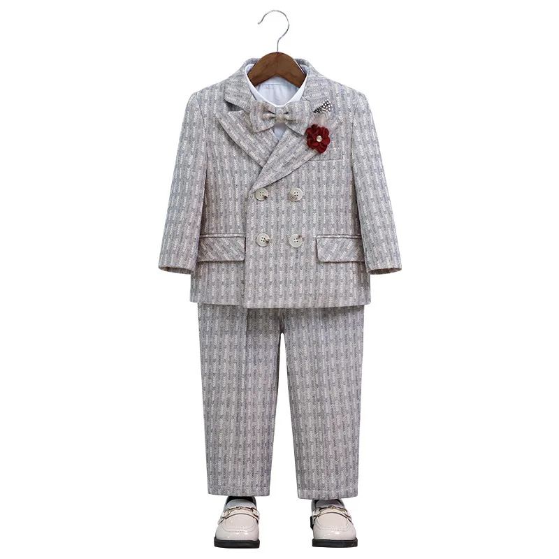 Little Boys 5 Pieces Jacket Vest Pants Bowtie Flower Photograph Suit Gentleman Kids Ceremony Dress Children Birthday Costume