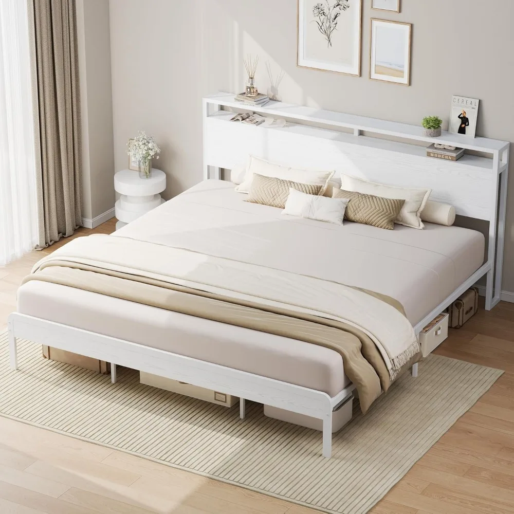 King Size Bed Frame with 2-Tier Storage Shelf Headboard | Wood Platform Bed, Camas King with Strong Metal Supports, Sturdy