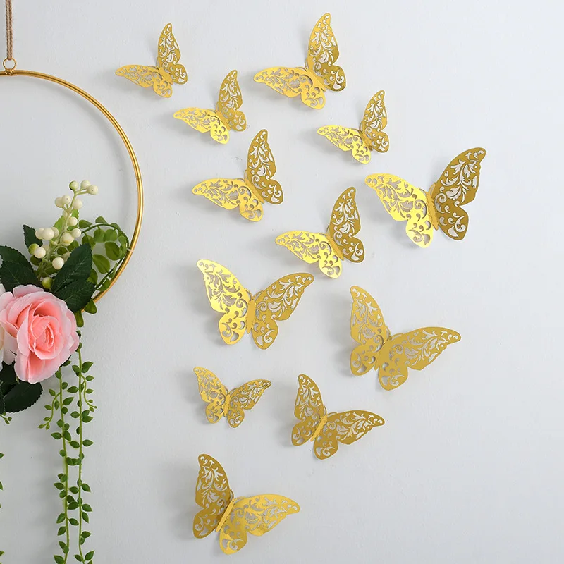 12pcs 3D Colorful Butterfly Wall Sticker For Home Decoration Metal Texture Beautiful Butterfly Wall Art Sticker DIY Craft Supply