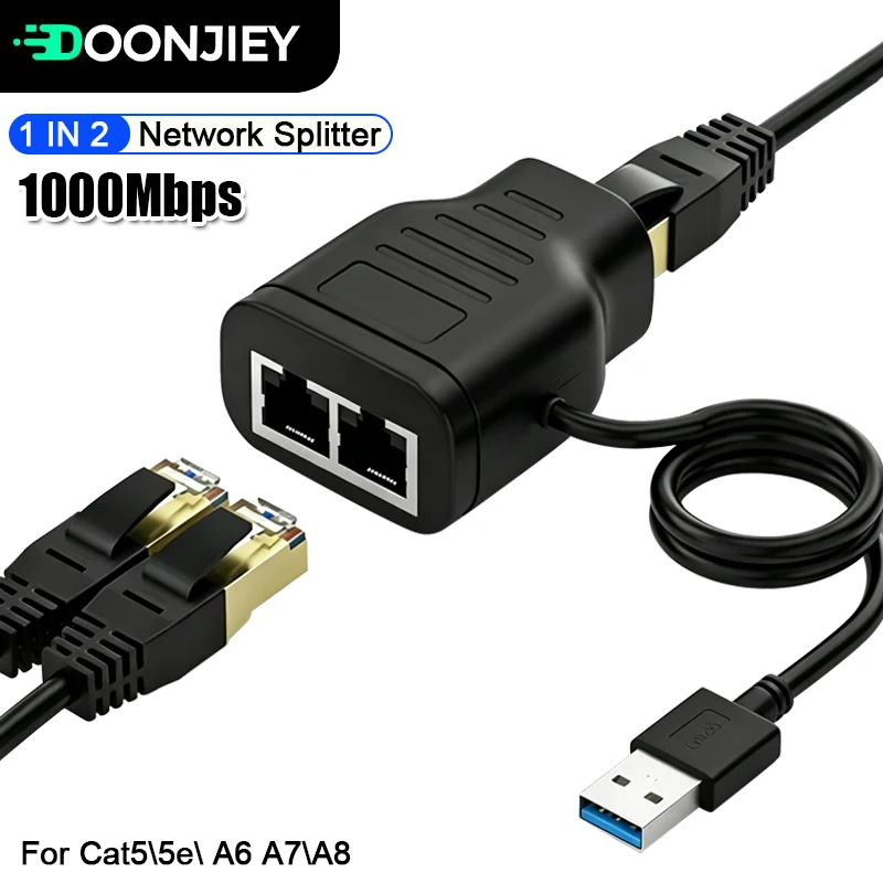 Adaptateur répartiteur RJ45 DOONJIEY 1 à 2, connecteur Internet LAN Gigabit 1000M, câble compatible Cat 5/5e/6/7/8 pour routeur d'ordinateur