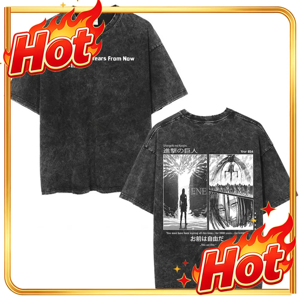 Custom Anime AOT Attack On Titan Washed T-shirt Shingeki No Kyojin Season 4 Final Rumbling Eren Yaeger Oversized T-shirts Street