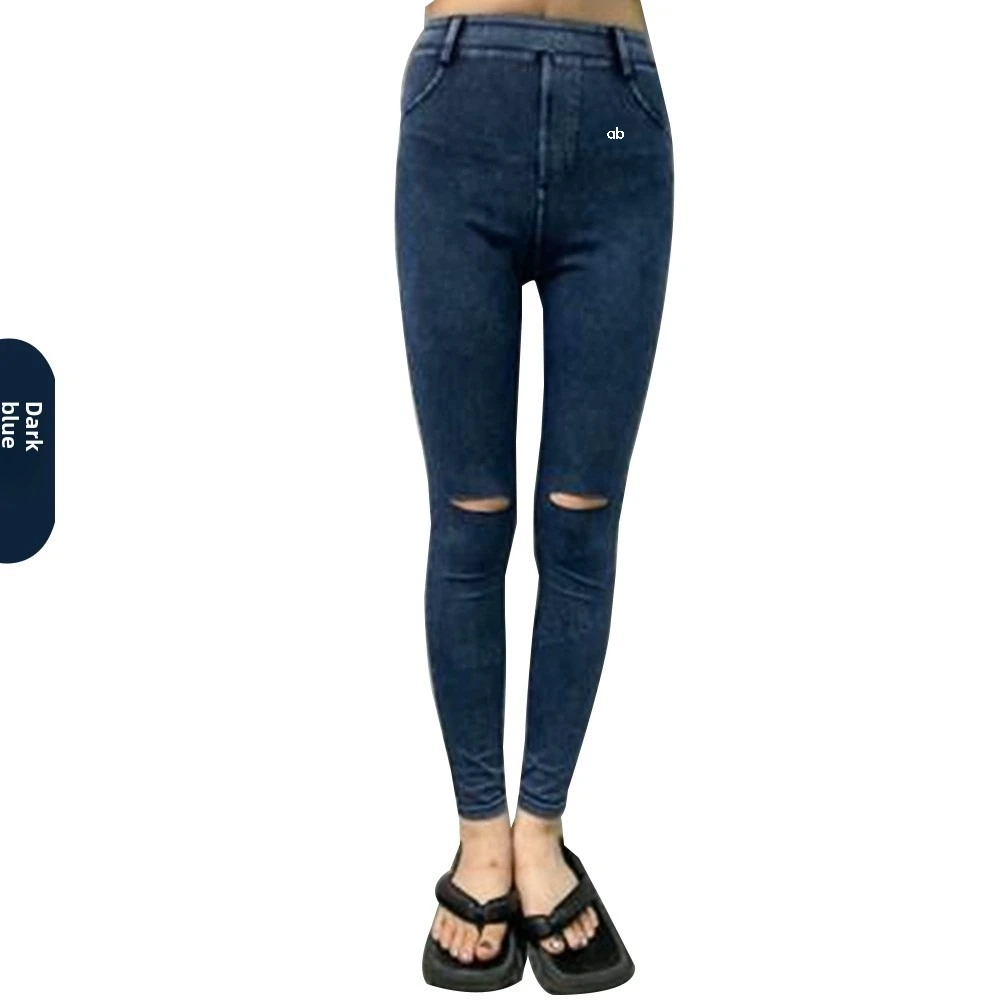Women Middle Waist Ripped Denim Yoga Jeggings Push‑Up Hip Lifting Slim Fit Pockets Stretch Fitness Outdoor Casual Long Pants