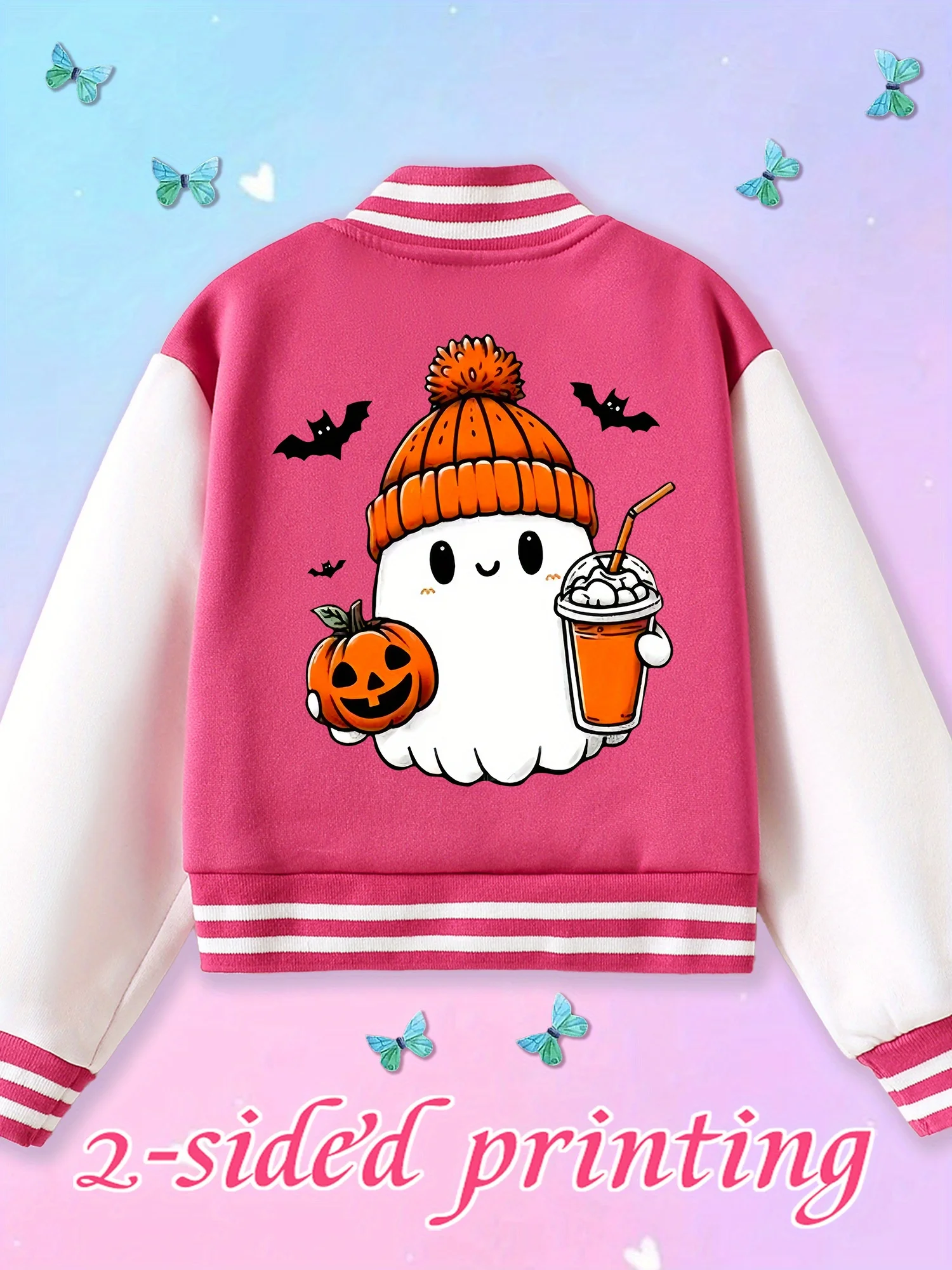 Children's Clothing for Girls, Autumn Jacket, Preppy Style Knitted Cardigan, Color-Blocking Casual Spring and Autumn Baseball Jacket, Cute Pumpkin Ghost and Milk Tea Pattern on the Front and Back
