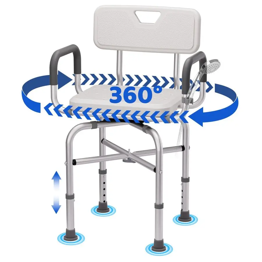 

360 Swivel Shower Chair for Inside Shower, 500lbs Swivel Shower Chair with Arms and Back, Adjustable Height Shower Chair for El