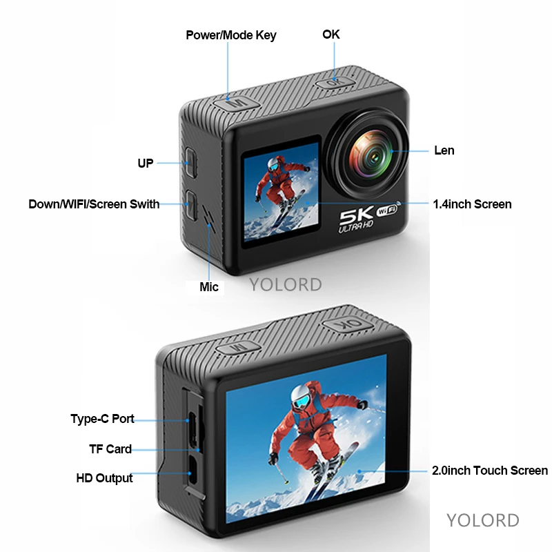 5K 30fps/4K 60fps WiFi Mini Action Camera Anti-shake Dual Screen Wide Angle Waterproof 48MP Sports Cam Video Recorder