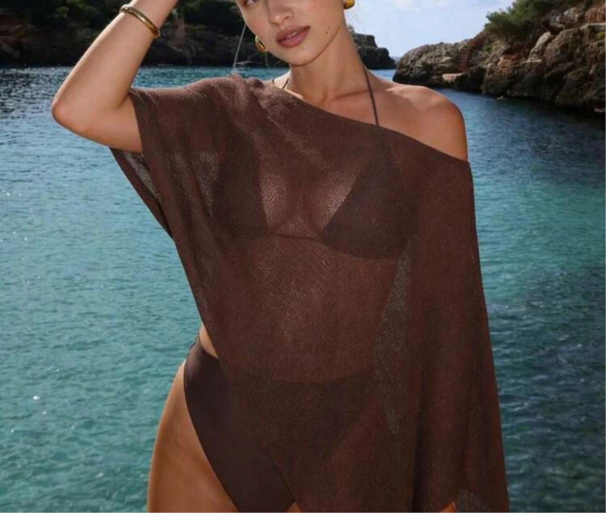 Women Knitwear Bikini Cover-up See-through Solid Off Shoulder Irregular Triangle Hem Loose Pullover Summer Beach Tops