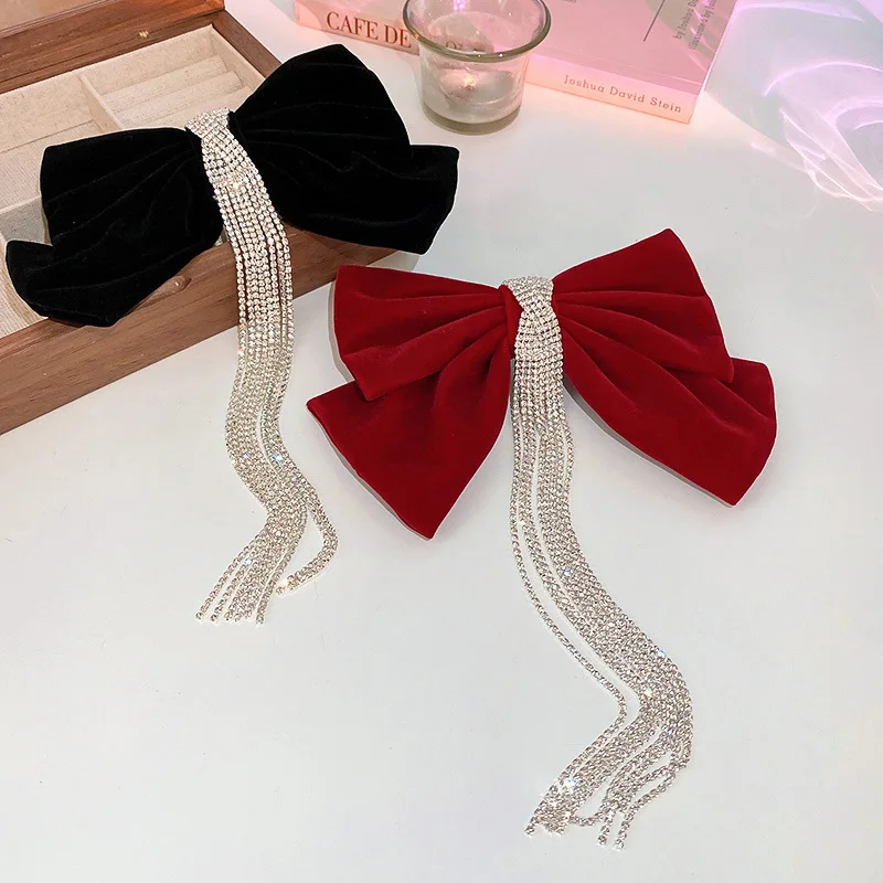 Elegant New Bow Velvet Hairpin Girl Rhinestone Tassel Hairpin Korean Handmade Headdress Fashion Hair Accessories Female