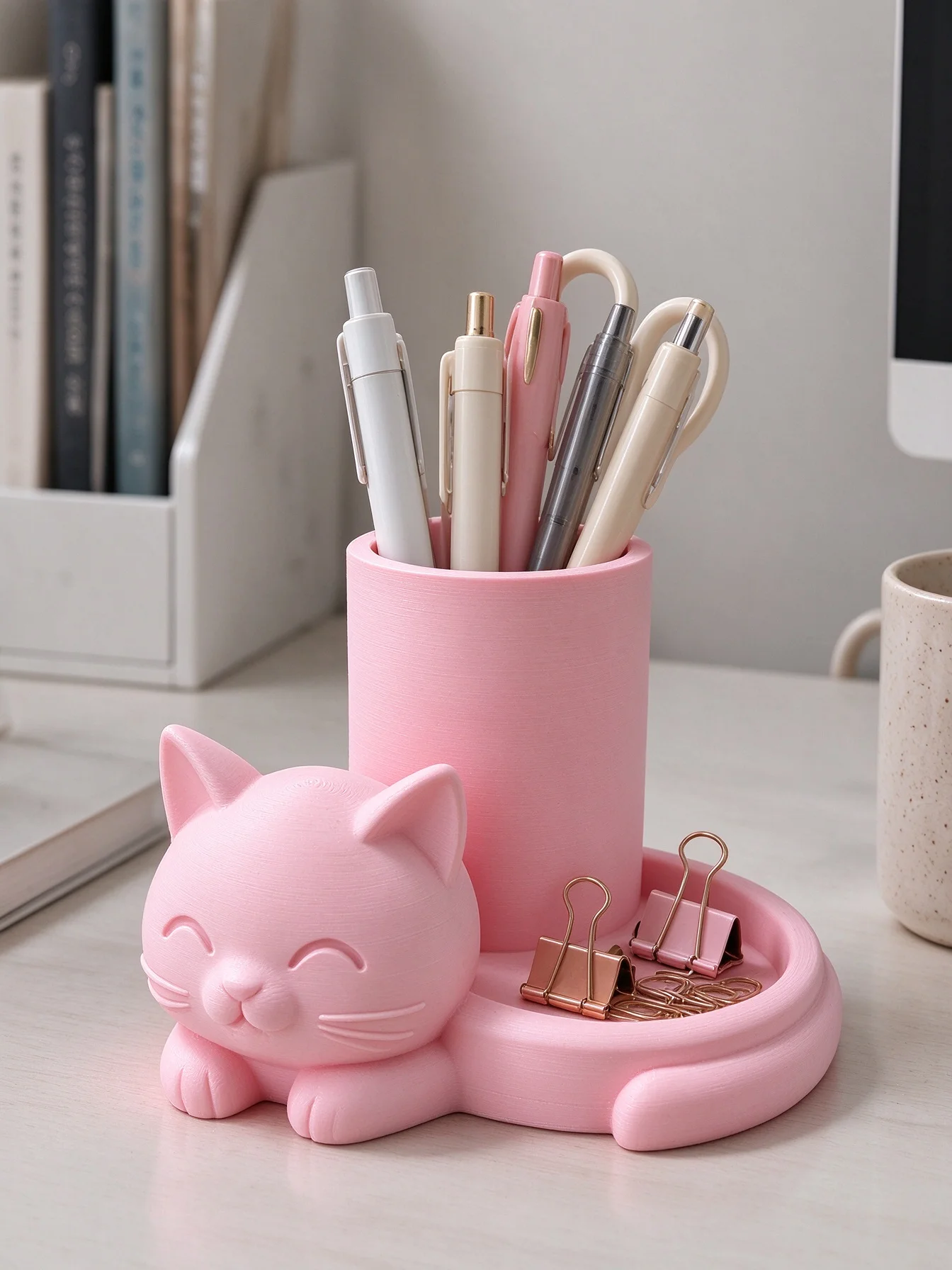 3D Printed Cute Cat-Shaped Pen Holder, Two-In-One Storage Model, Matte Pink Texture, Adorable Cartoon Cat Design with Vivid Details, Comes with a Tray to Store Small Items, Can Be Used as a Stationery Holder or to Hold Beauty Tools, Dual-Purpose Desktop Storage and Decoration, Suitable for Various Home Settings, a Great Item for Cat Lovers, Creative Holiday Gift for Girls and Best Friends, Small Desktop Decoration Piece