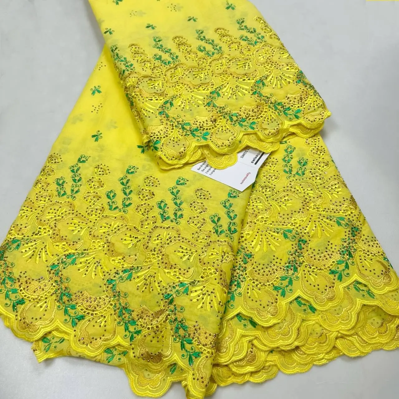 

Yellow African Nigerian Men Women Embroidery Stones Cotton Dry Swiss Voile Lace Fabric In Switzerland Austria High Quality Lace