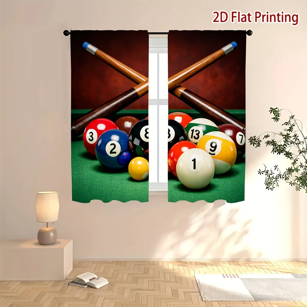 Billiards Pool Table Curtain, Realistic 8-Ball and Cues Design, Game Room Man Cave Window Drapes