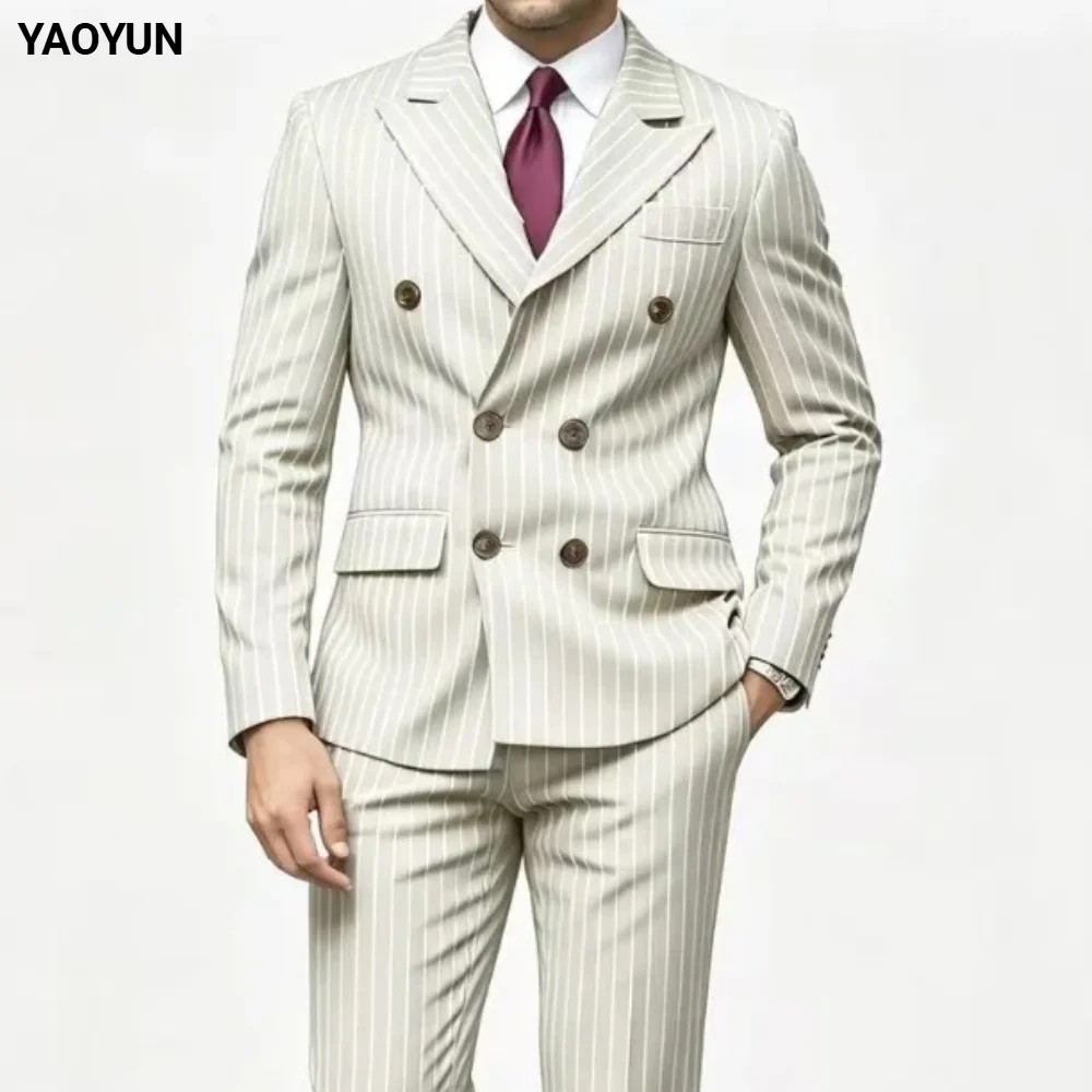 Double Breasted Pinstripe Men Suit 2 Piece Set Slim Fit Formal Blazer Pants Wedding Business Party Casual Striped Outfit Male
