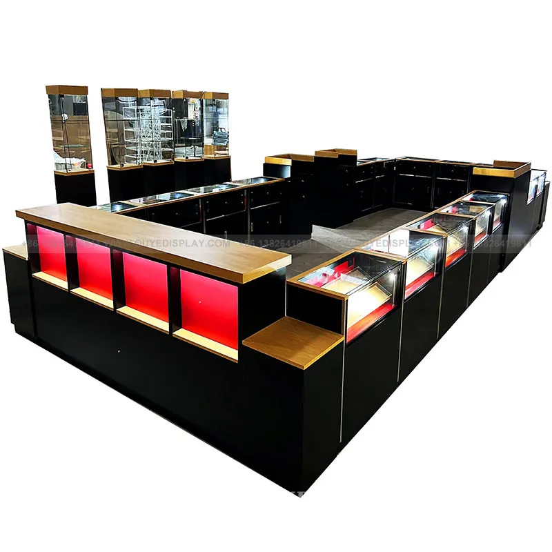 Customized-New Decoration Smoke Shop Showcase Wood Glass Cabinet Supermarket Display Cases With Led Light