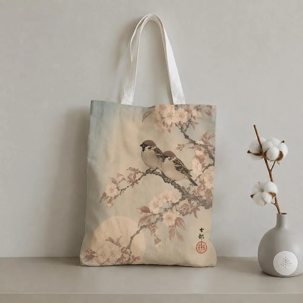 Moonlit Ukiyo-e Animals Storage Bags 1pc Canvas Tote Bag Reusable Shopping Shoulder Bag For Women Daily Use