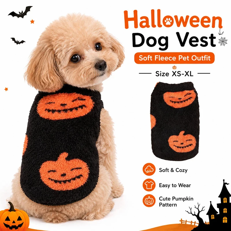 Halloween Pet Vest for Dogs and Cats, Soft Fleece Pumpkin Costume, Warm Sleeveless Puppy Kitten Outfit for Autumn Party Cosplay