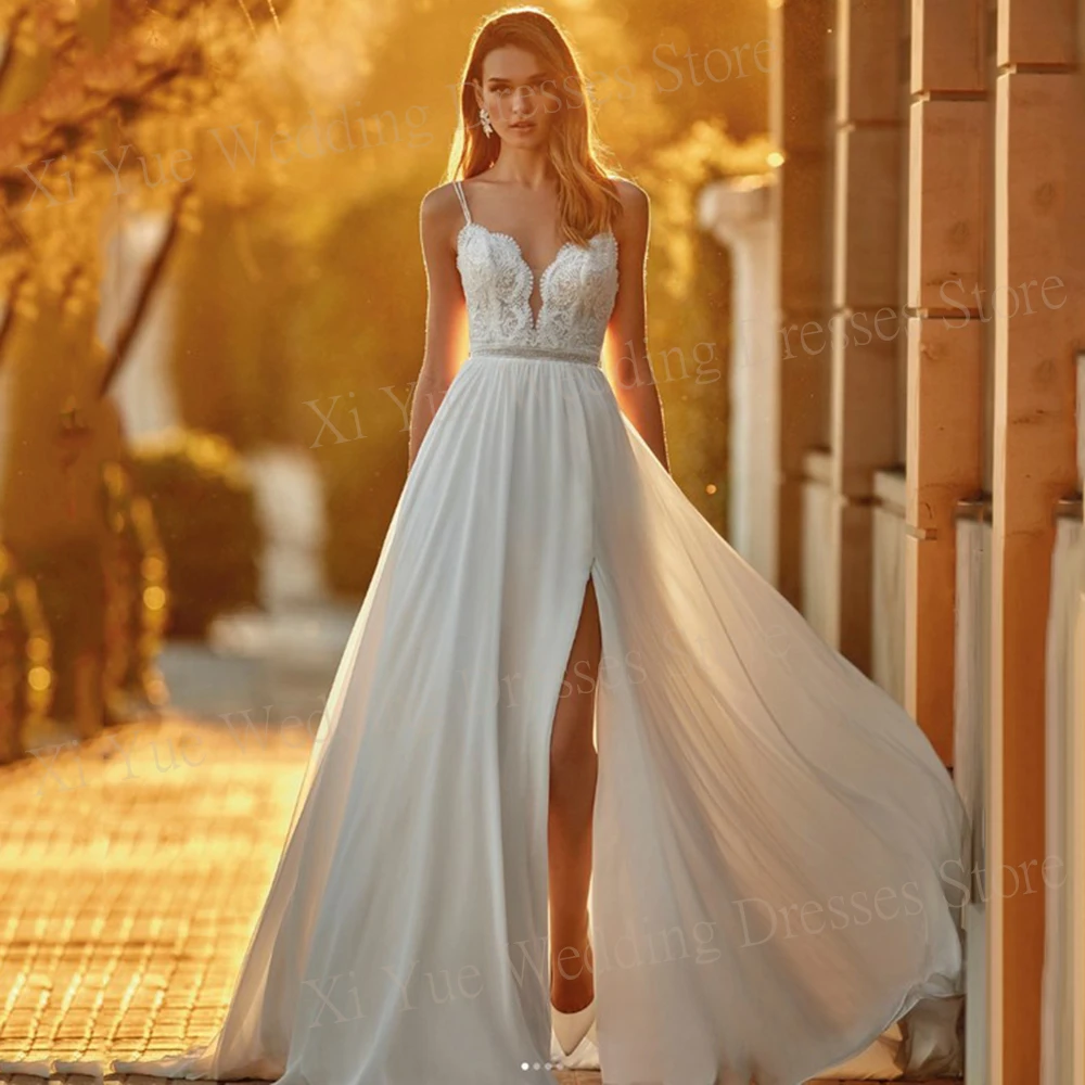 

Boho Spaghetti Straps Sweetheart Wedding Dresses With Side Split Lace Appliques Bride Gowns Backless A-Line Chiffon Formal Party