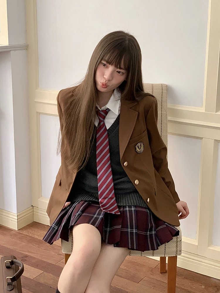 JK Uniform Autumn Winter Brown Blazer Women's College Style Suit Tea College Style Brown Suit with Badge Gift